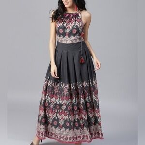 LABEL Ritu Kumar Navy Pink Floral Halter Fringe Maxi Dress XS